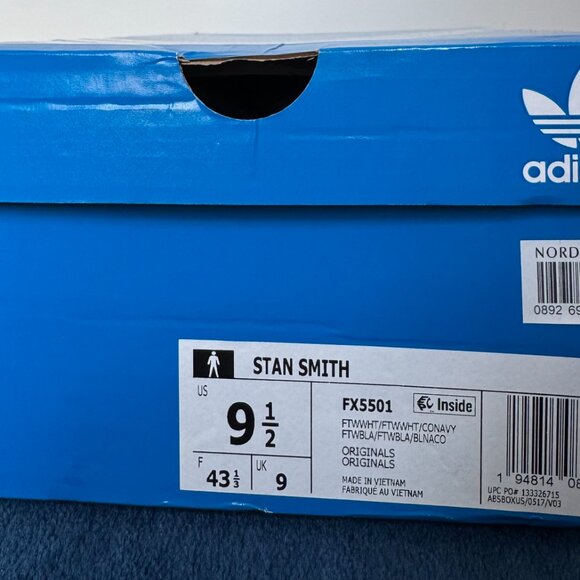 Adidas Stan Smith White/Navy Sneakers, Size 9.5 US Men's NIB NWT Unworn - Picture 5 of 5